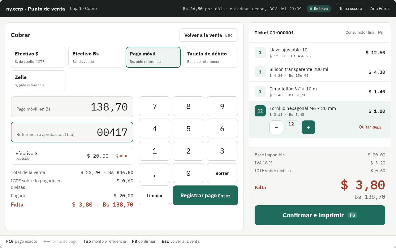 La caja de Nyxerp cobrando una venta con dos formas de pago, con los impuestos calculados y lo que falta por cobrar.