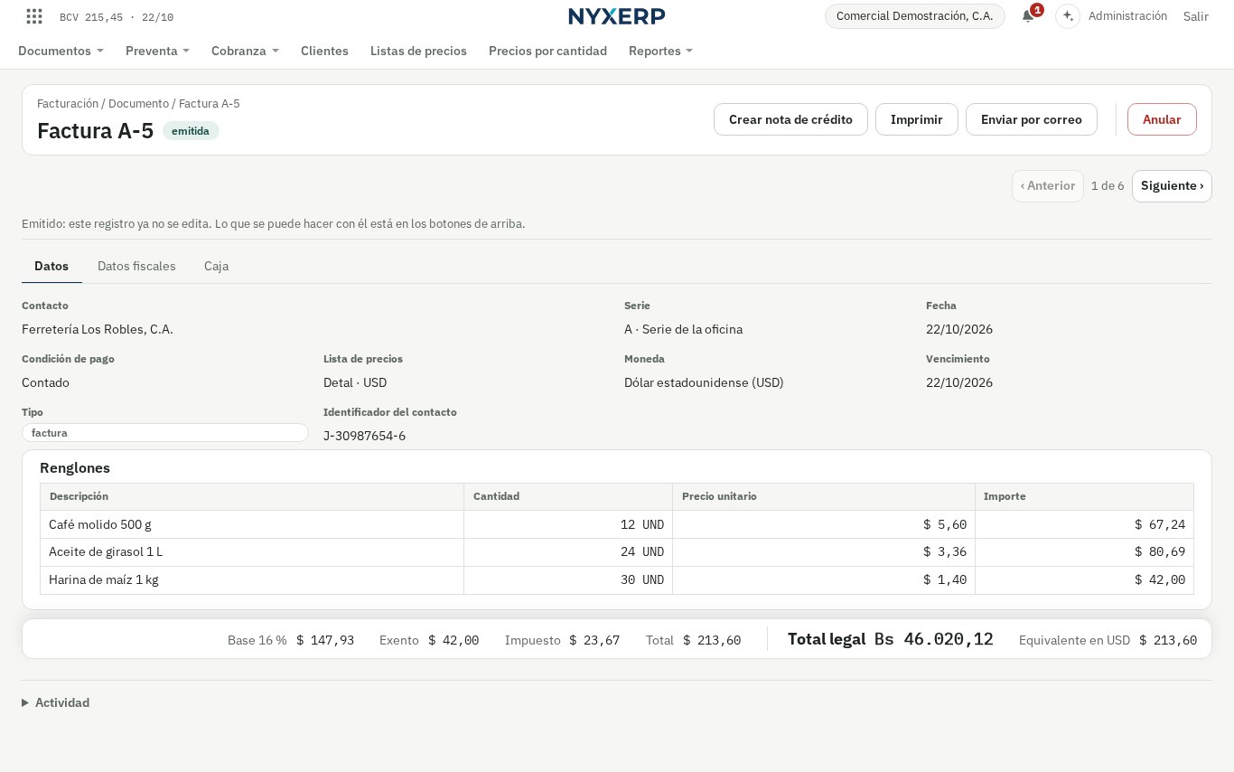 Una factura de Nyxerp en dólares con su equivalente en bolívares a la tasa del BCV del día.